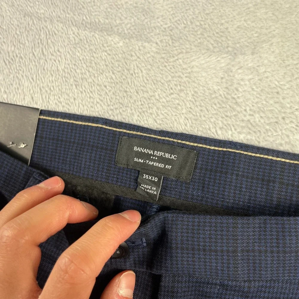 Banana Republic Grayson‎ Slim Tapered Fit Dress Pants Navy Blue Check 35x30 Mens